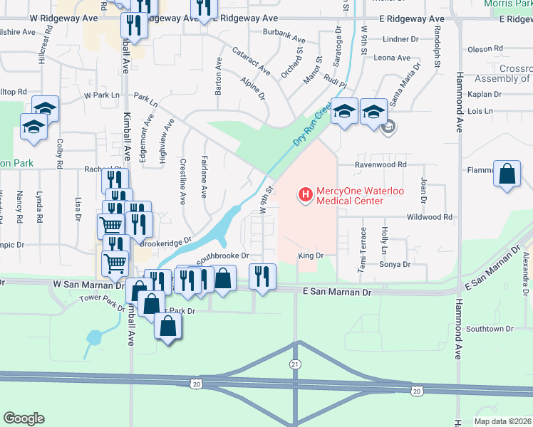 map of restaurants, bars, coffee shops, grocery stores, and more near 3728 West 9th Street in Waterloo
