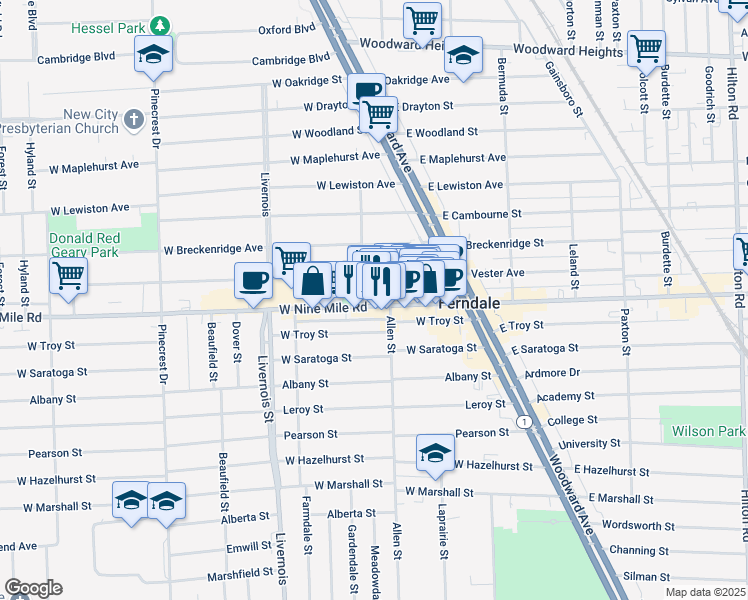 map of restaurants, bars, coffee shops, grocery stores, and more near 344 West Nine Mile Road in Ferndale