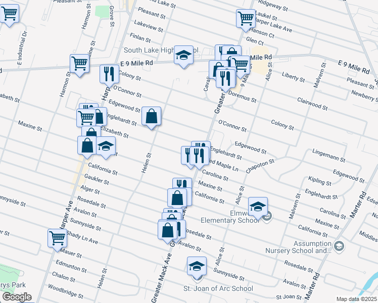 map of restaurants, bars, coffee shops, grocery stores, and more near 22123 Elizabeth St in St Clair Shores