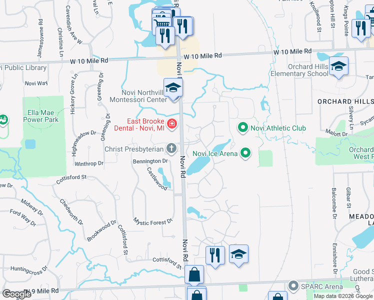 map of restaurants, bars, coffee shops, grocery stores, and more near Cliffside Court in Novi
