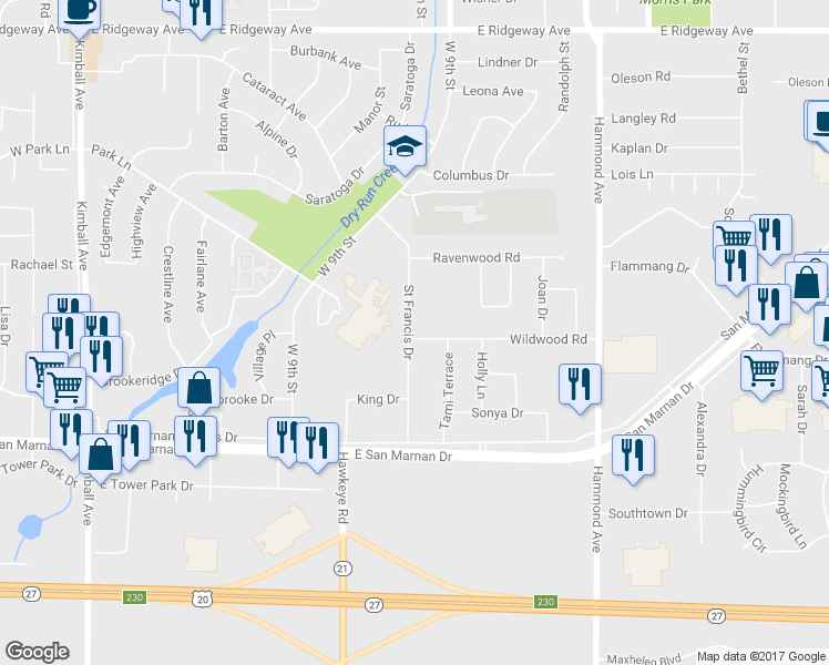 map of restaurants, bars, coffee shops, grocery stores, and more near 505 Wildwood Road in Waterloo