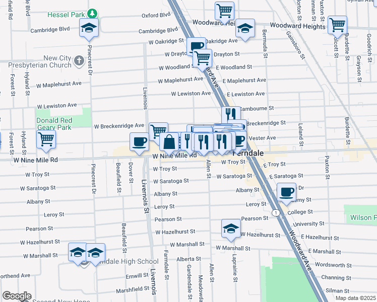 map of restaurants, bars, coffee shops, grocery stores, and more near 430 West Nine Mile Road in Ferndale