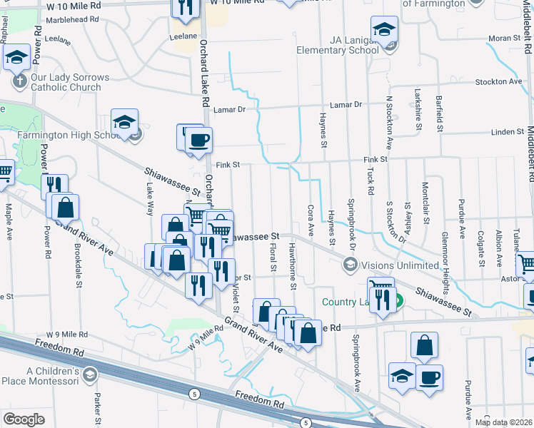 map of restaurants, bars, coffee shops, grocery stores, and more near 23061 Floral Street in Farmington