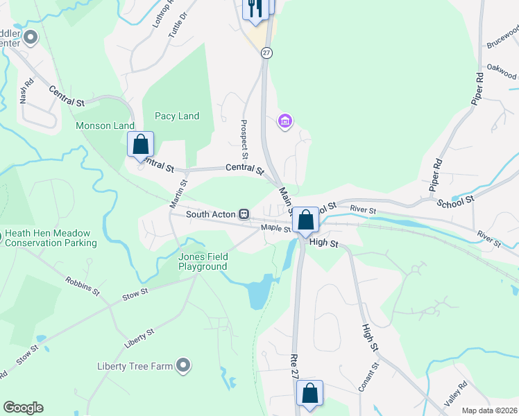 map of restaurants, bars, coffee shops, grocery stores, and more near 19 Railroad Street in Acton
