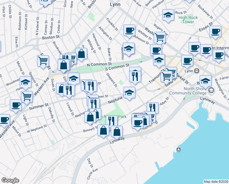map of restaurants, bars, coffee shops, grocery stores, and more near 291 Summer Street in Lynn