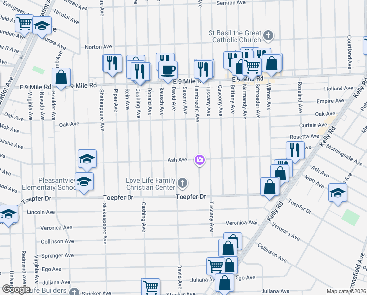 map of restaurants, bars, coffee shops, grocery stores, and more near 22038 Saxony Avenue in Eastpointe