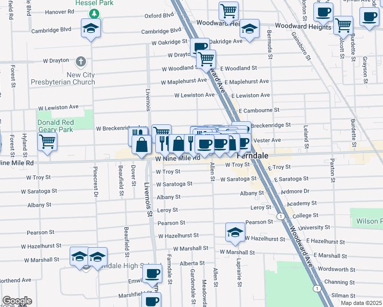 map of restaurants, bars, coffee shops, grocery stores, and more near 482 West Nine Mile Road in Ferndale