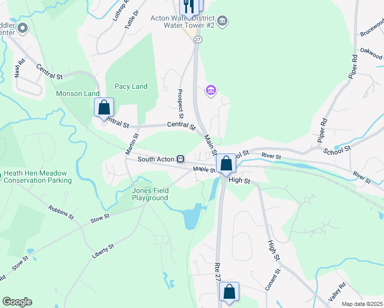 map of restaurants, bars, coffee shops, grocery stores, and more near 19 Railroad Street in Acton