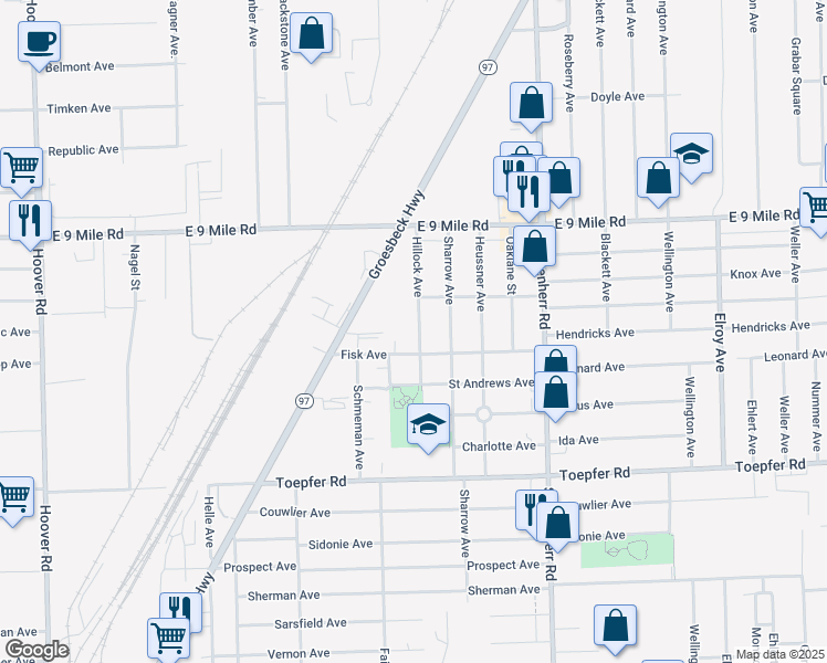 map of restaurants, bars, coffee shops, grocery stores, and more near 22485 Hillock Avenue in Warren