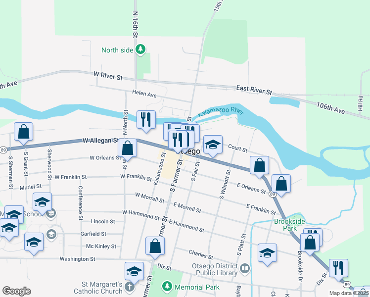 map of restaurants, bars, coffee shops, grocery stores, and more near 101 East Allegan Street in Otsego