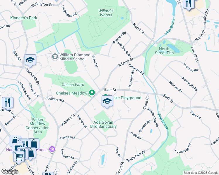map of restaurants, bars, coffee shops, grocery stores, and more near 12 East Street in Lexington