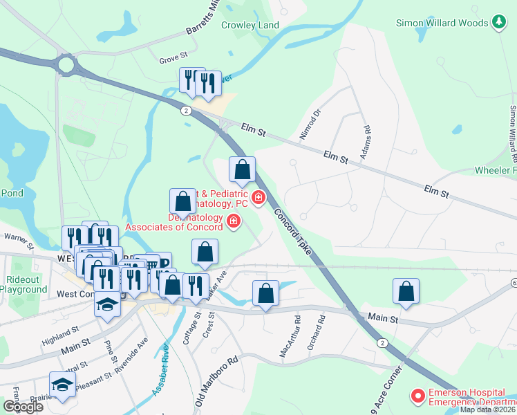 map of restaurants, bars, coffee shops, grocery stores, and more near 54 Baker Avenue Extension in Concord