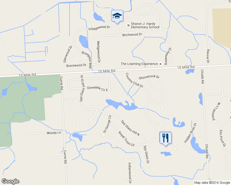 map of restaurants, bars, coffee shops, grocery stores, and more near 54829 Grenelefe Circle East in South Lyon