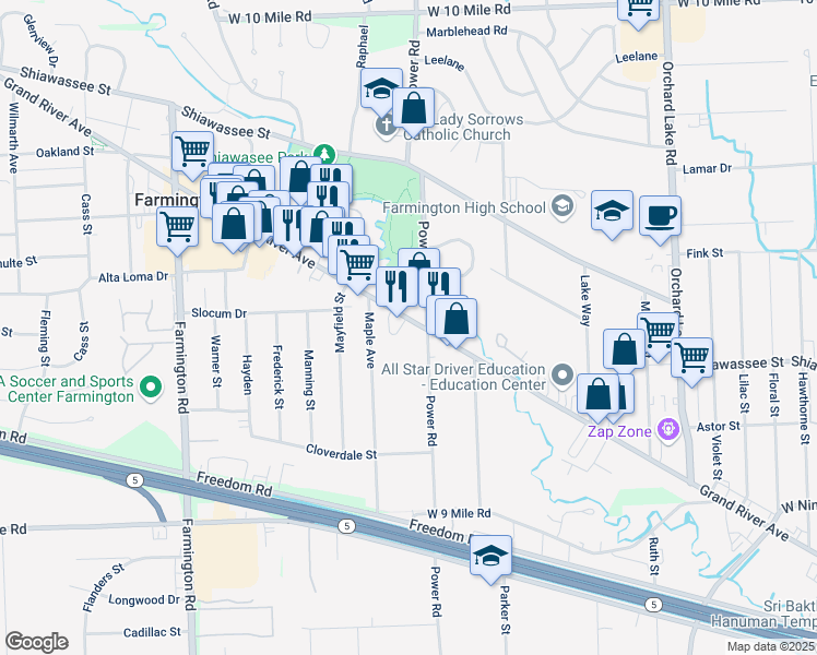 map of restaurants, bars, coffee shops, grocery stores, and more near 32423 Grand River Avenue in Farmington