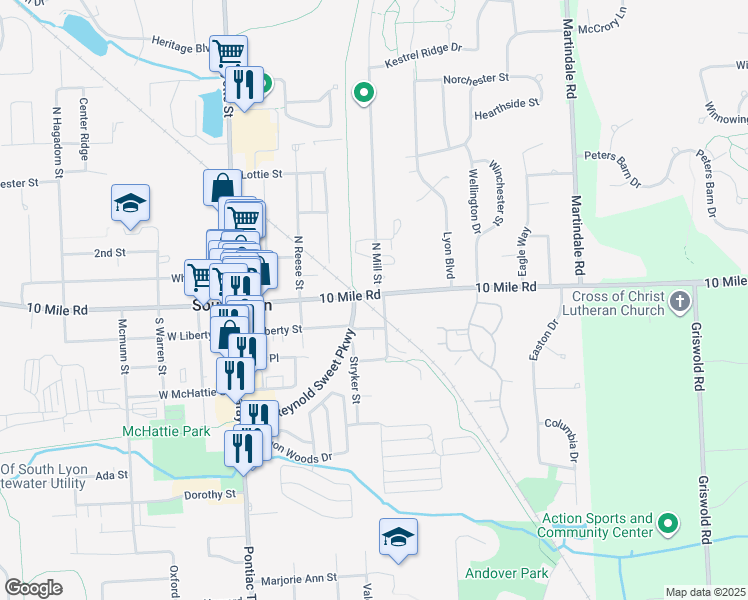 map of restaurants, bars, coffee shops, grocery stores, and more near 434 East Lake Street in South Lyon