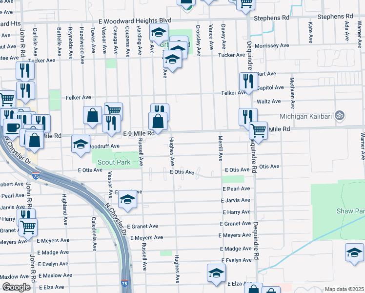 map of restaurants, bars, coffee shops, grocery stores, and more near 1436 East Woodruff Avenue in Hazel Park