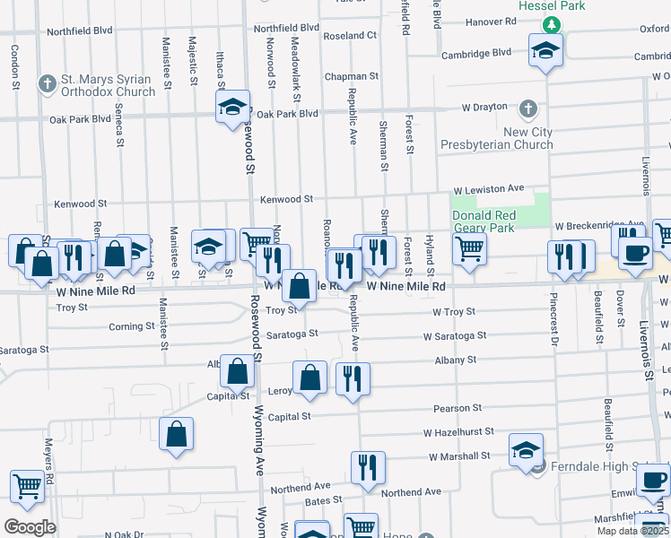 map of restaurants, bars, coffee shops, grocery stores, and more near 23040 Roanoke Avenue in Oak Park