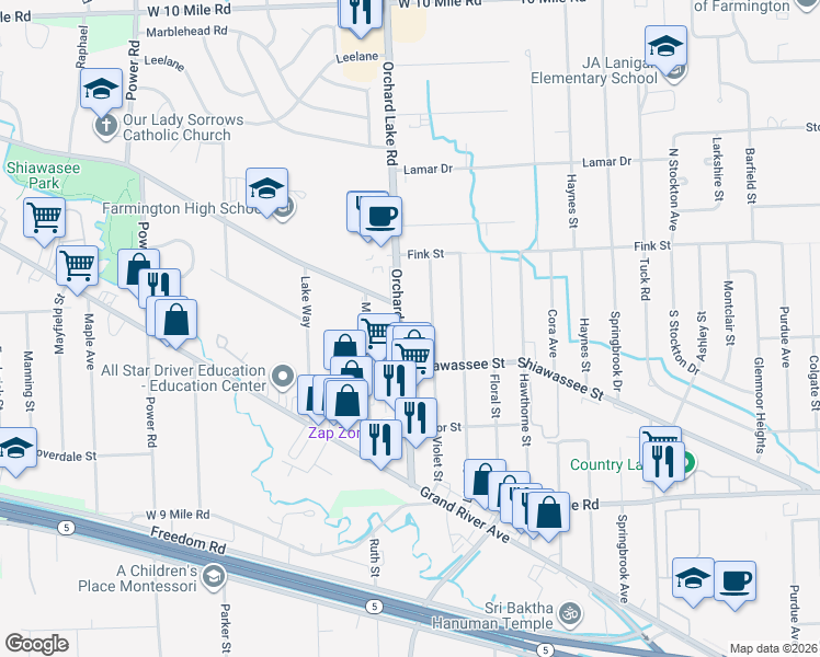 map of restaurants, bars, coffee shops, grocery stores, and more near 23058 Orchard Lake Road in Farmington