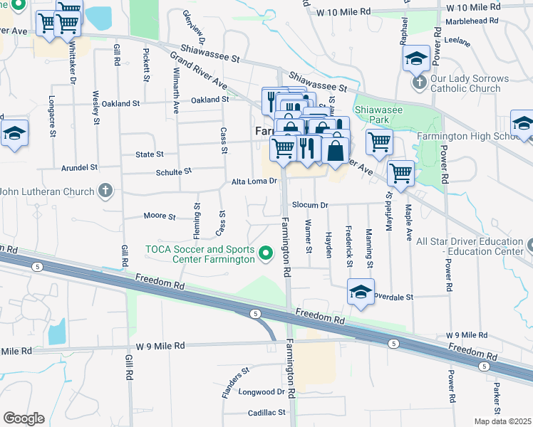map of restaurants, bars, coffee shops, grocery stores, and more near 23127 Slocum Drive in Farmington