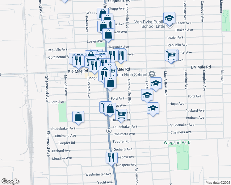 map of restaurants, bars, coffee shops, grocery stores, and more near 8048 Cadillac Avenue in Warren