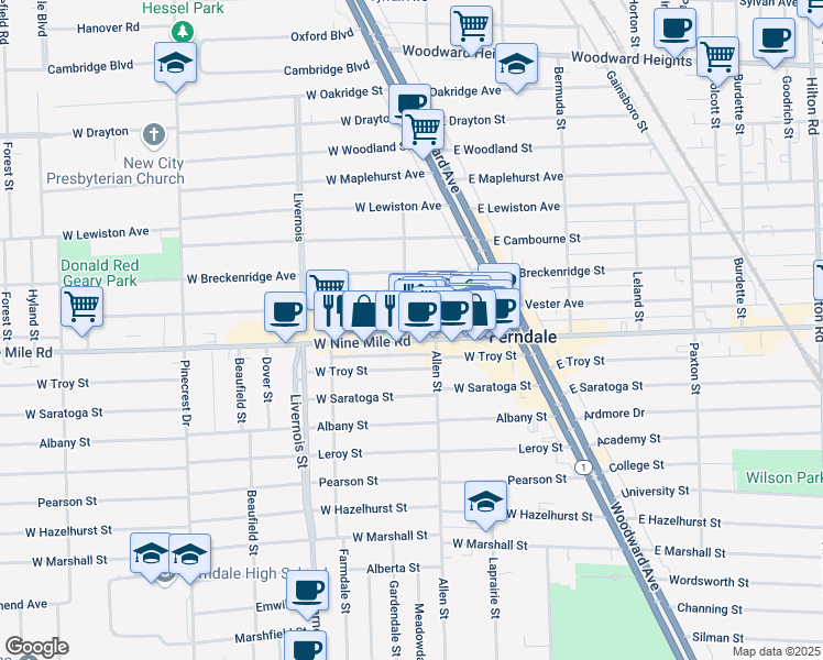 map of restaurants, bars, coffee shops, grocery stores, and more near 344 West Nine Mile Road in Ferndale
