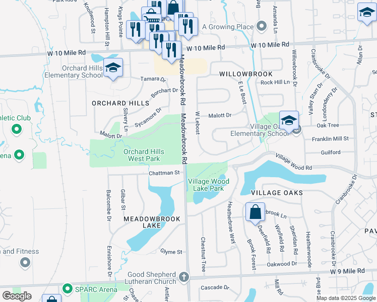 map of restaurants, bars, coffee shops, grocery stores, and more near 23386 Meadowbrook Road in Novi