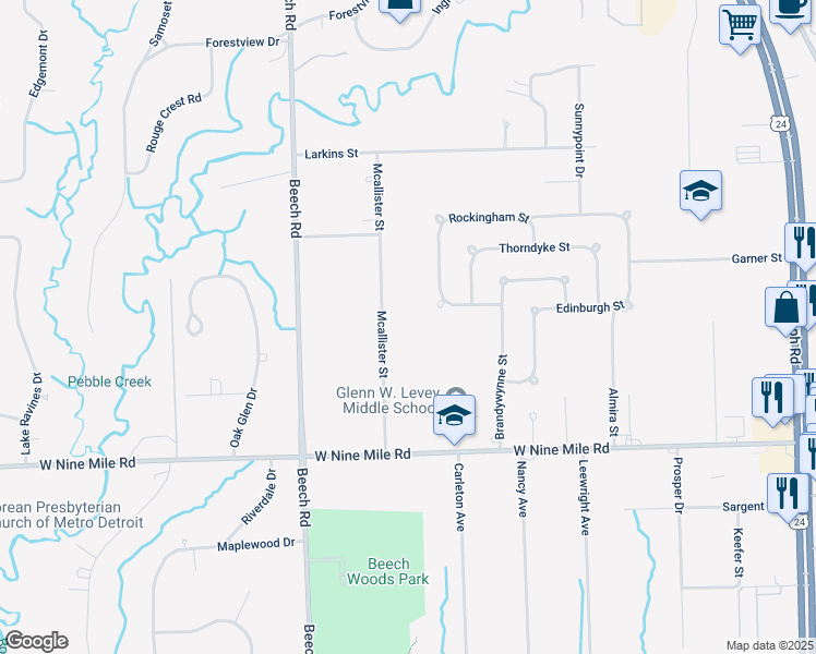 map of restaurants, bars, coffee shops, grocery stores, and more near 23578 Mcallister Street in Southfield