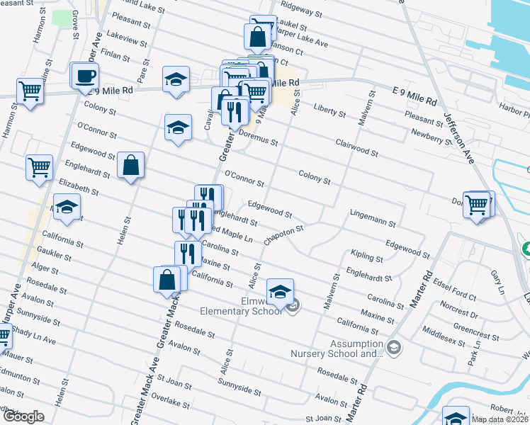 map of restaurants, bars, coffee shops, grocery stores, and more near 22528 Edgewood Street in St. Clair Shores
