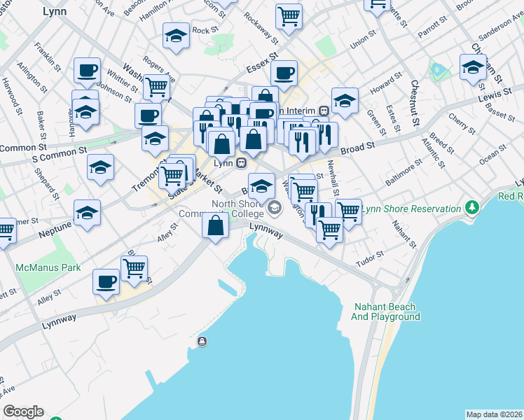 map of restaurants, bars, coffee shops, grocery stores, and more near 300 Broad Street in Lynn