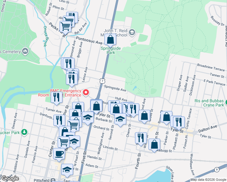 map of restaurants, bars, coffee shops, grocery stores, and more near 17 Hull Avenue in Pittsfield