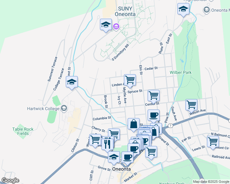 map of restaurants, bars, coffee shops, grocery stores, and more near 46 Spruce Street in Oneonta