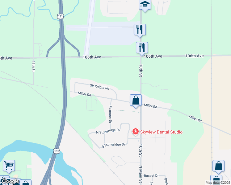 map of restaurants, bars, coffee shops, grocery stores, and more near 1020 Sir Knight Road in Plainwell