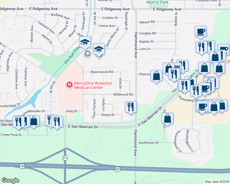 map of restaurants, bars, coffee shops, grocery stores, and more near 740 Wildwood Road in Waterloo