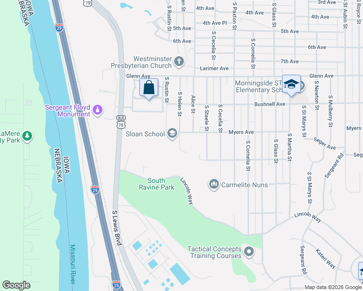 map of restaurants, bars, coffee shops, grocery stores, and more near 2728 South Helen Street in Sioux City