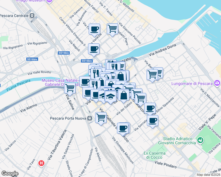 map of restaurants, bars, coffee shops, grocery stores, and more near 28 Via dei Peligni in Pescara