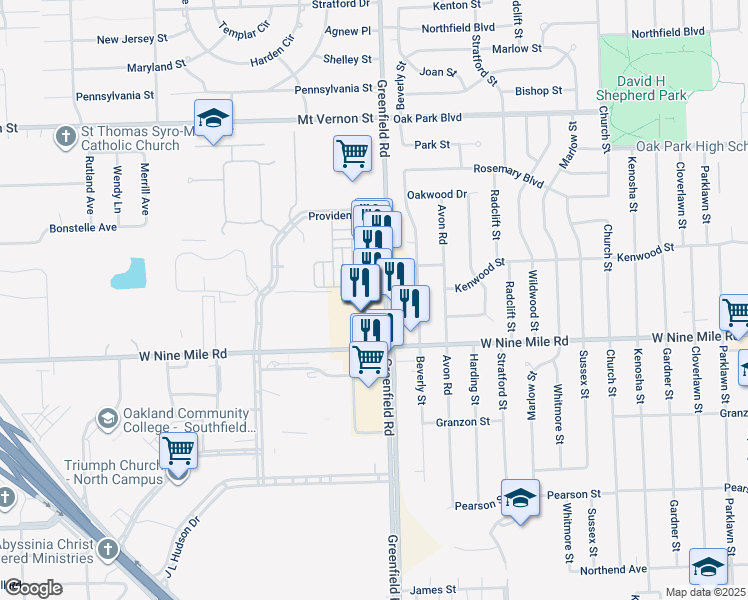 map of restaurants, bars, coffee shops, grocery stores, and more near 23089 Greenfield Road in Southfield