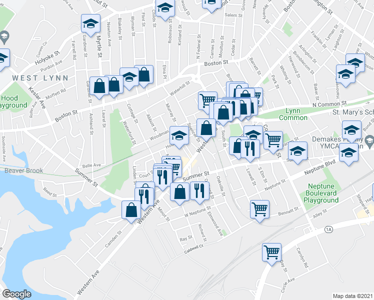 map of restaurants, bars, coffee shops, grocery stores, and more near 14 Holland Avenue in Lynn