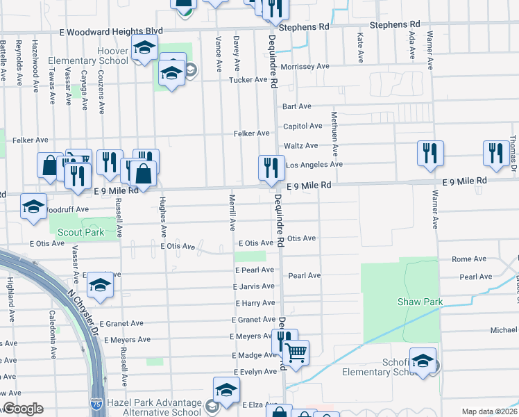 map of restaurants, bars, coffee shops, grocery stores, and more near 1813 East Goulson Avenue in Hazel Park