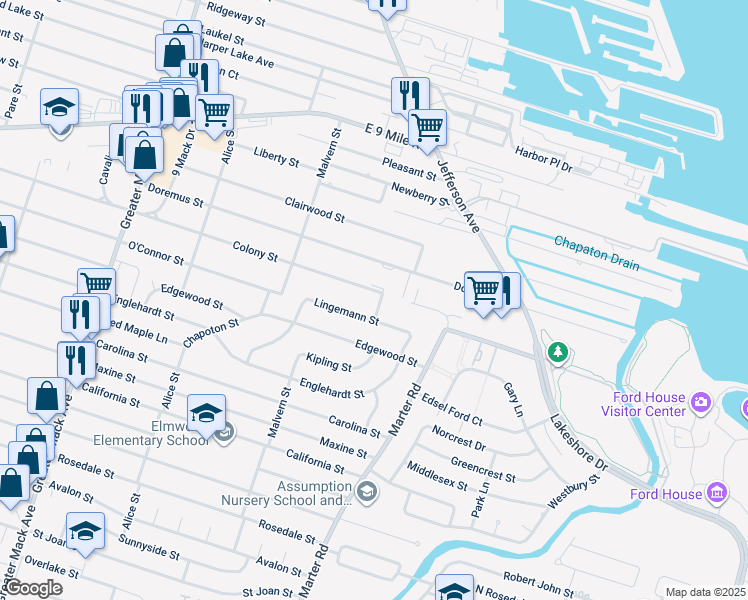 map of restaurants, bars, coffee shops, grocery stores, and more near 23001 Lingemann Street in St. Clair Shores