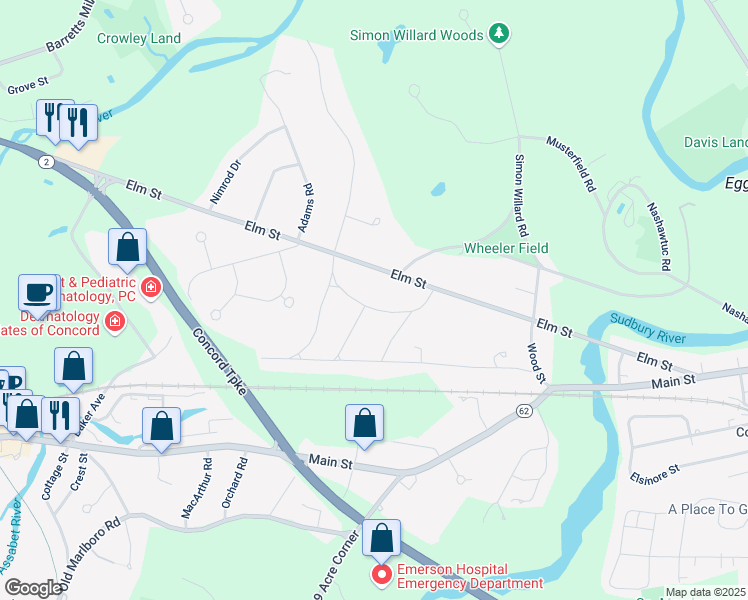 map of restaurants, bars, coffee shops, grocery stores, and more near 88 Crescent Road in Concord