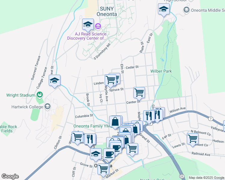 map of restaurants, bars, coffee shops, grocery stores, and more near 63 Spruce Street in Oneonta