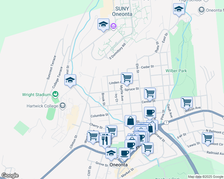 map of restaurants, bars, coffee shops, grocery stores, and more near 46 Spruce Street in Oneonta