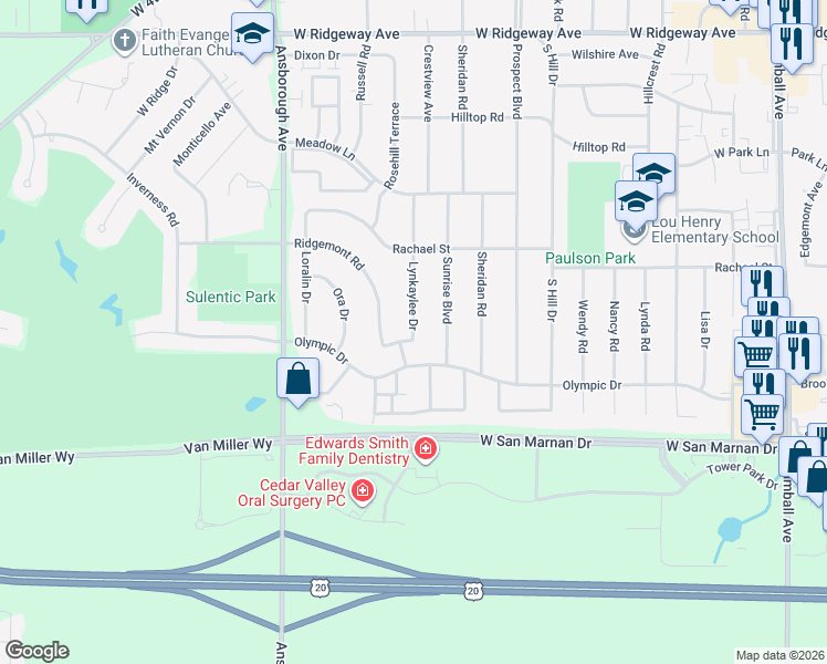 map of restaurants, bars, coffee shops, grocery stores, and more near 1001 Ridgemont Road in Waterloo