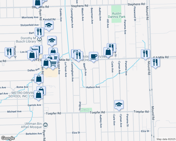 map of restaurants, bars, coffee shops, grocery stores, and more near 22546 Masch Avenue in Warren