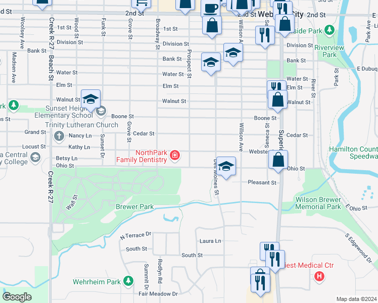 map of restaurants, bars, coffee shops, grocery stores, and more near 800 Webster Street in Webster City
