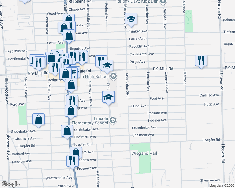 map of restaurants, bars, coffee shops, grocery stores, and more near 22900 Federal Avenue in Warren