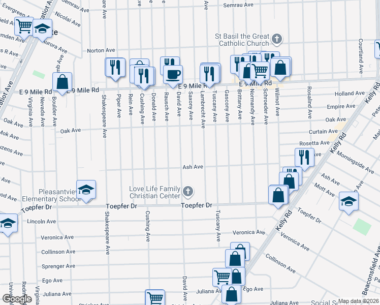 map of restaurants, bars, coffee shops, grocery stores, and more near 22038 Saxony Avenue in Eastpointe