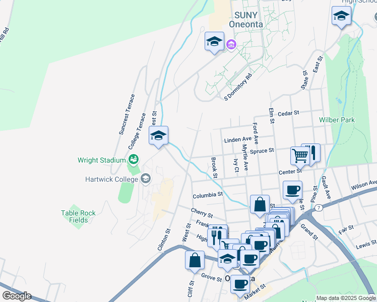 map of restaurants, bars, coffee shops, grocery stores, and more near 15 Spruce Street in Oneonta