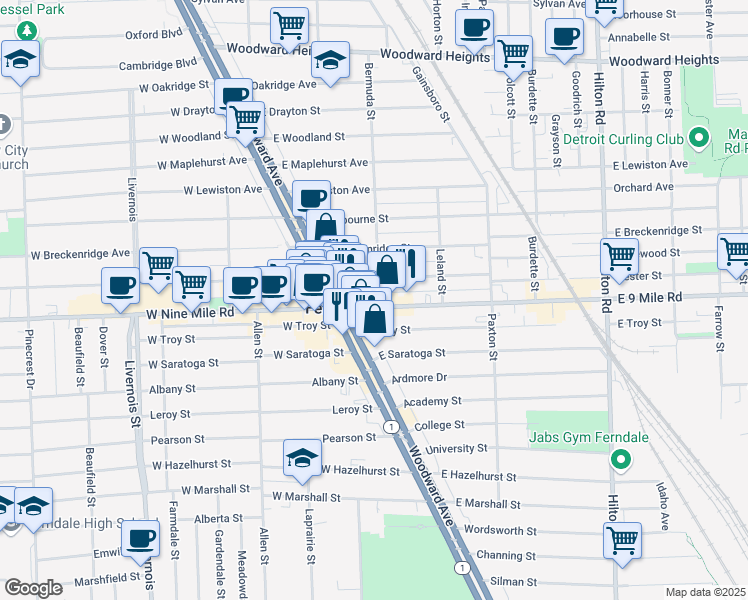 map of restaurants, bars, coffee shops, grocery stores, and more near in Ferndale