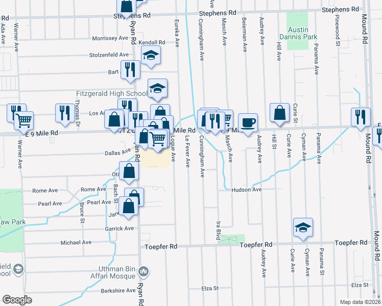 map of restaurants, bars, coffee shops, grocery stores, and more near 22627 Cunningham Avenue in Warren